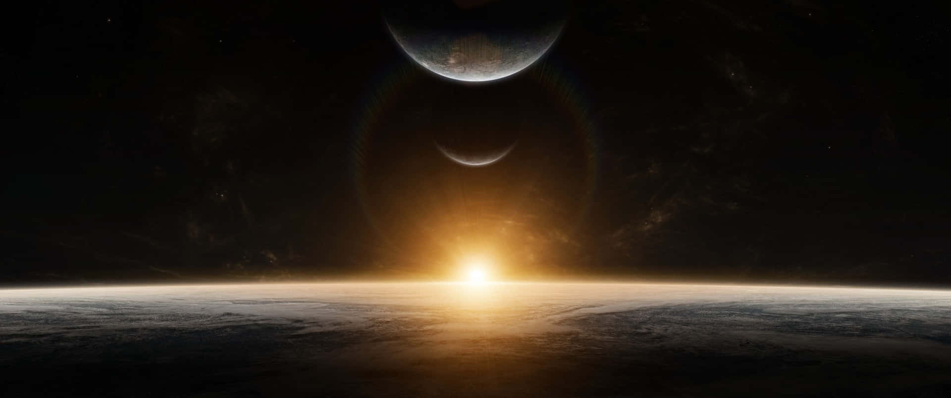 the sun rising over the earth and moon