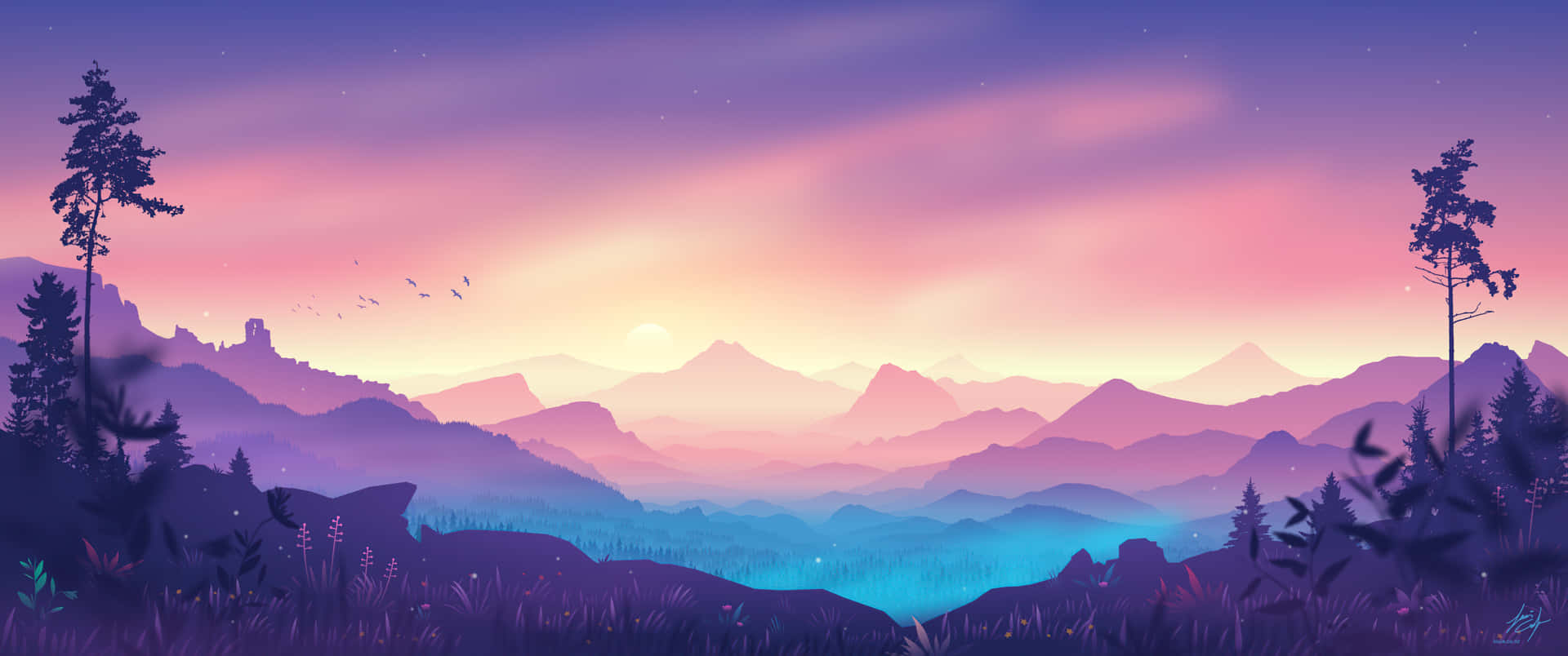 a painting of a mountain landscape with trees and flowers Wallpaper