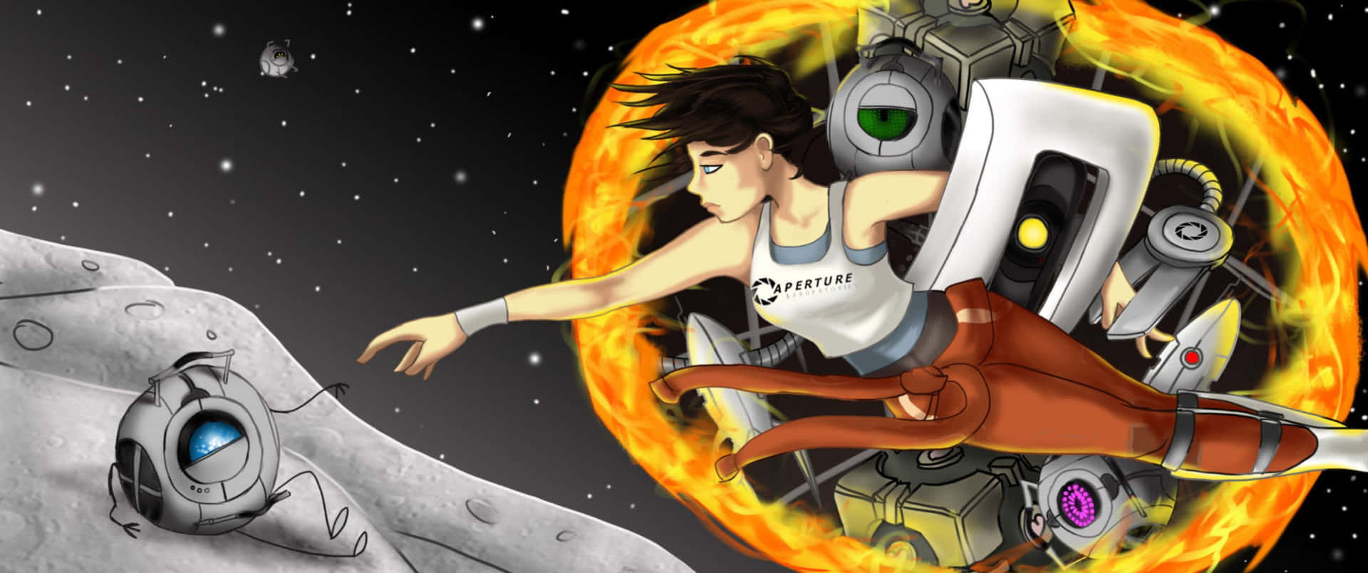 A Girl Is Flying In Space With A Robot