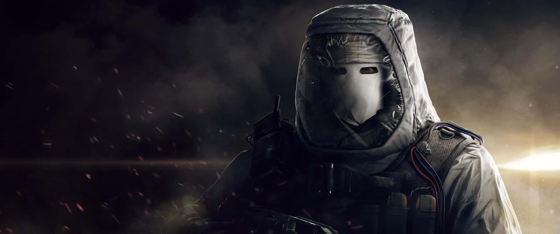 A Soldier In A White Mask Is Standing In Front Of A Dark Background