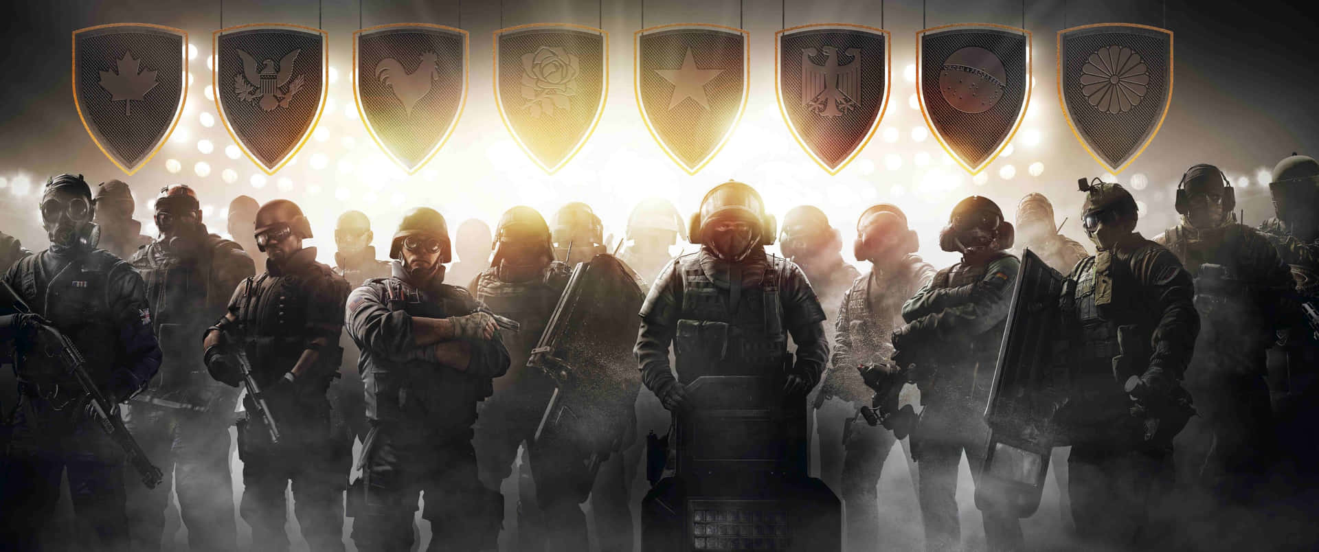A Group Of Soldiers Standing In Front Of A Light