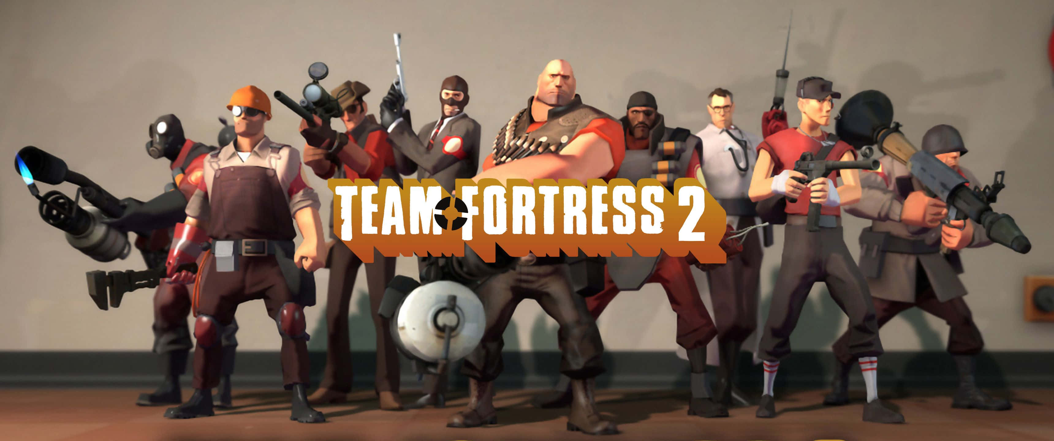 A Group Of People Standing In Front Of The Word Team Fortress 2