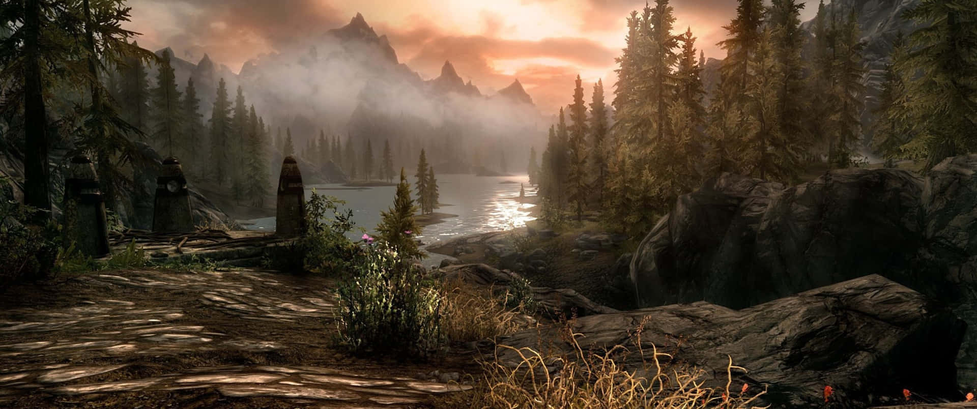 A view of The Elder Scrolls V: Skyrim, one of the most iconic fantasy-adventure RPG video games
