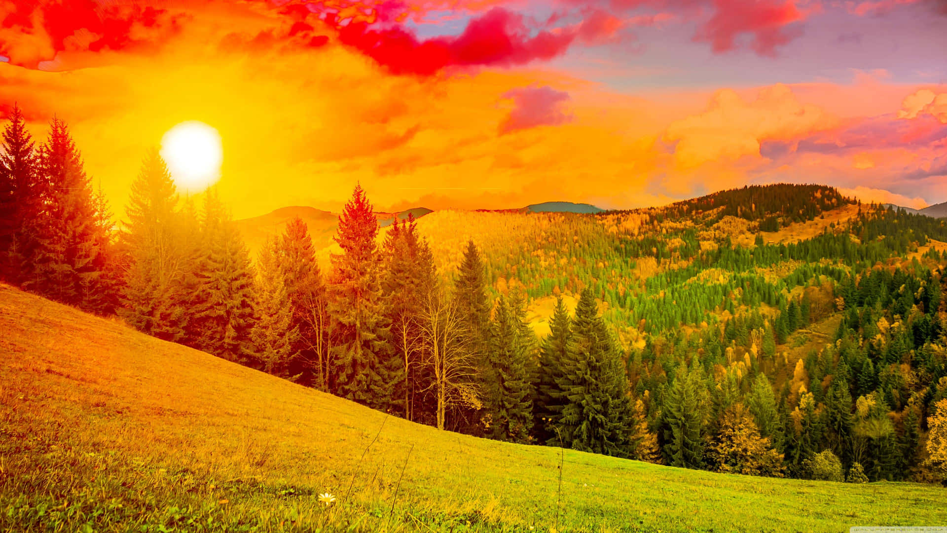 Einfarbenfroher Sonnenuntergang Über Einem Berg. Wallpaper