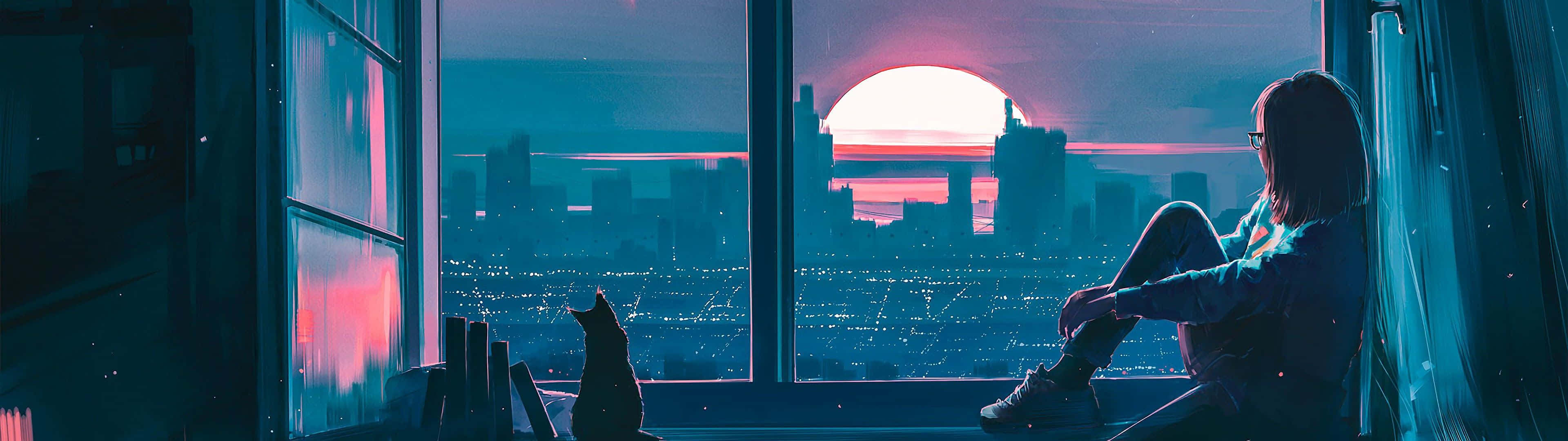 3840x1080 Anime Girl Watching Sunset Picture