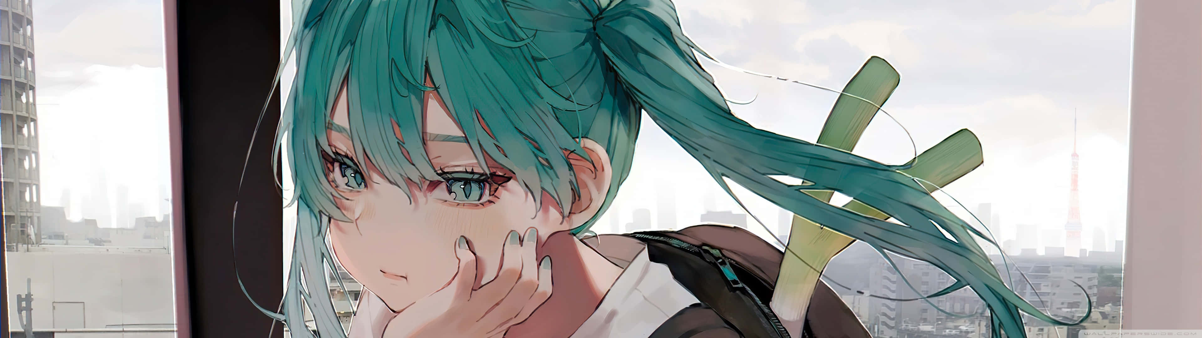 3840x1080 Anime Green Hair Hands On Face Picture