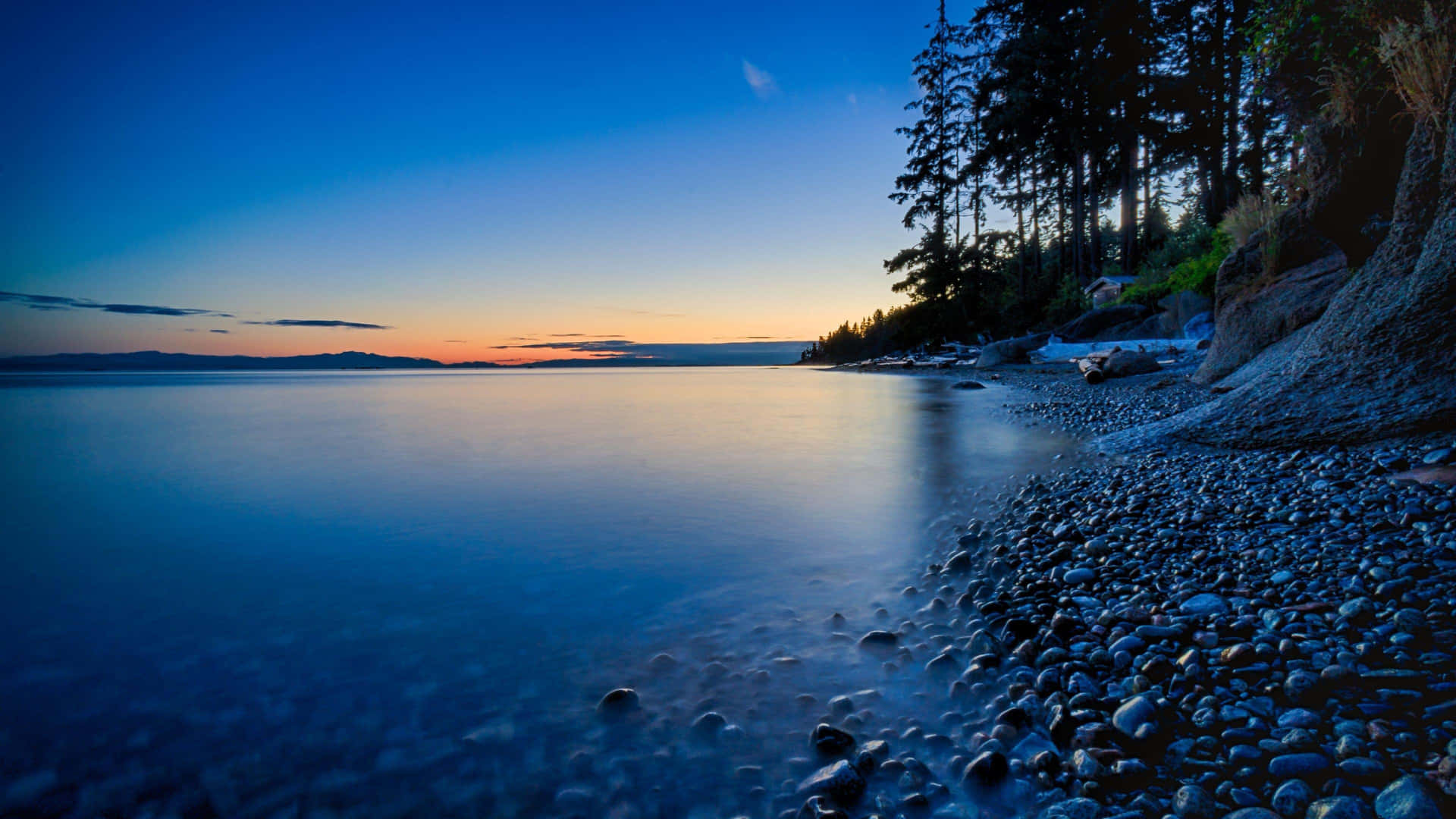 En strand med sten og træer ved solnedgang. Wallpaper