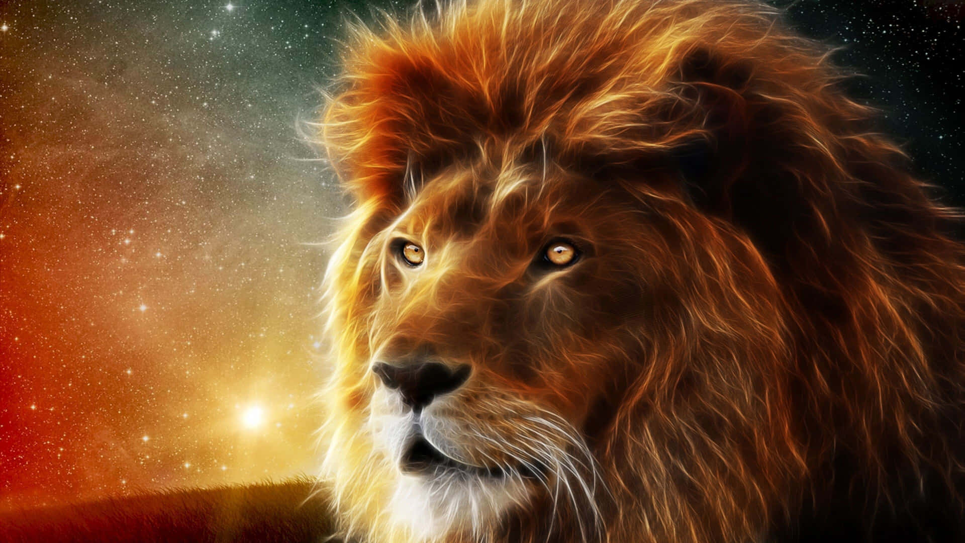 Majestic 3D Rendered Lion in a Wild Landscape Wallpaper