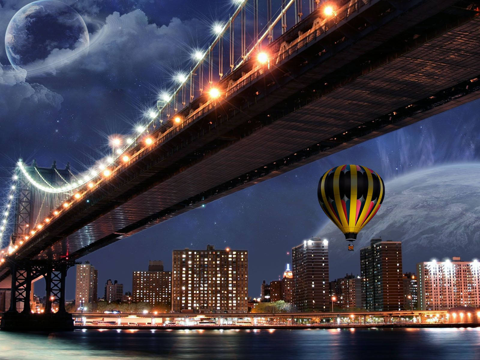 3D bridge filled with lights with hot air balloon wallpaper.