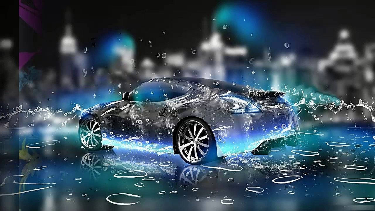 3D wallpaper of a gray car surrounded by splashes of water
