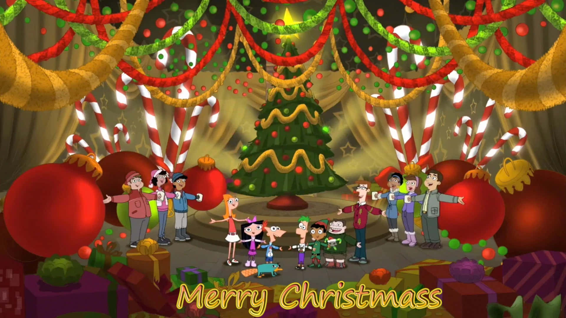 A Magical 3D Christmas Scene Featuring a Sparkling Christmas Tree, Gifts, and Snowflakes Wallpaper