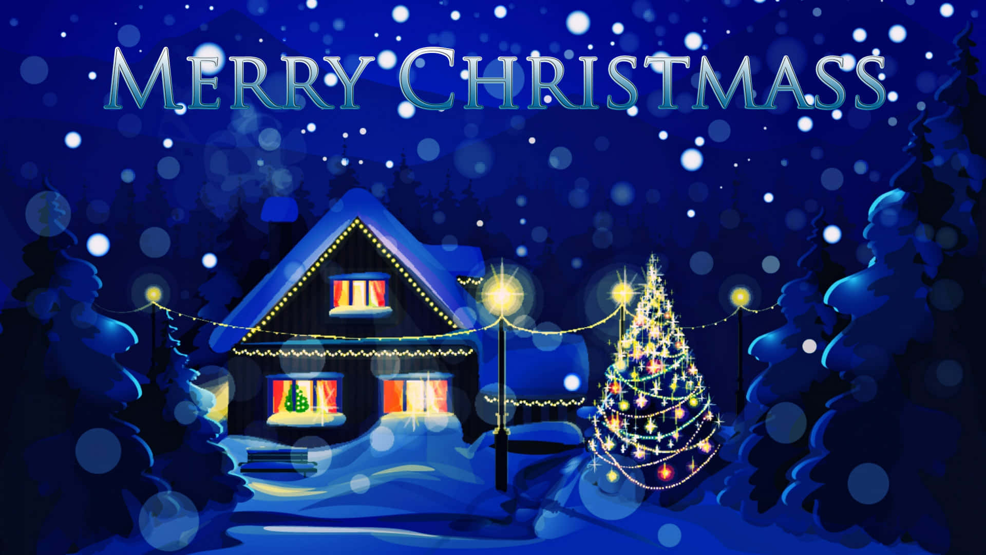 3D Christmas Scene with a Christmas Tree and Village Wallpaper