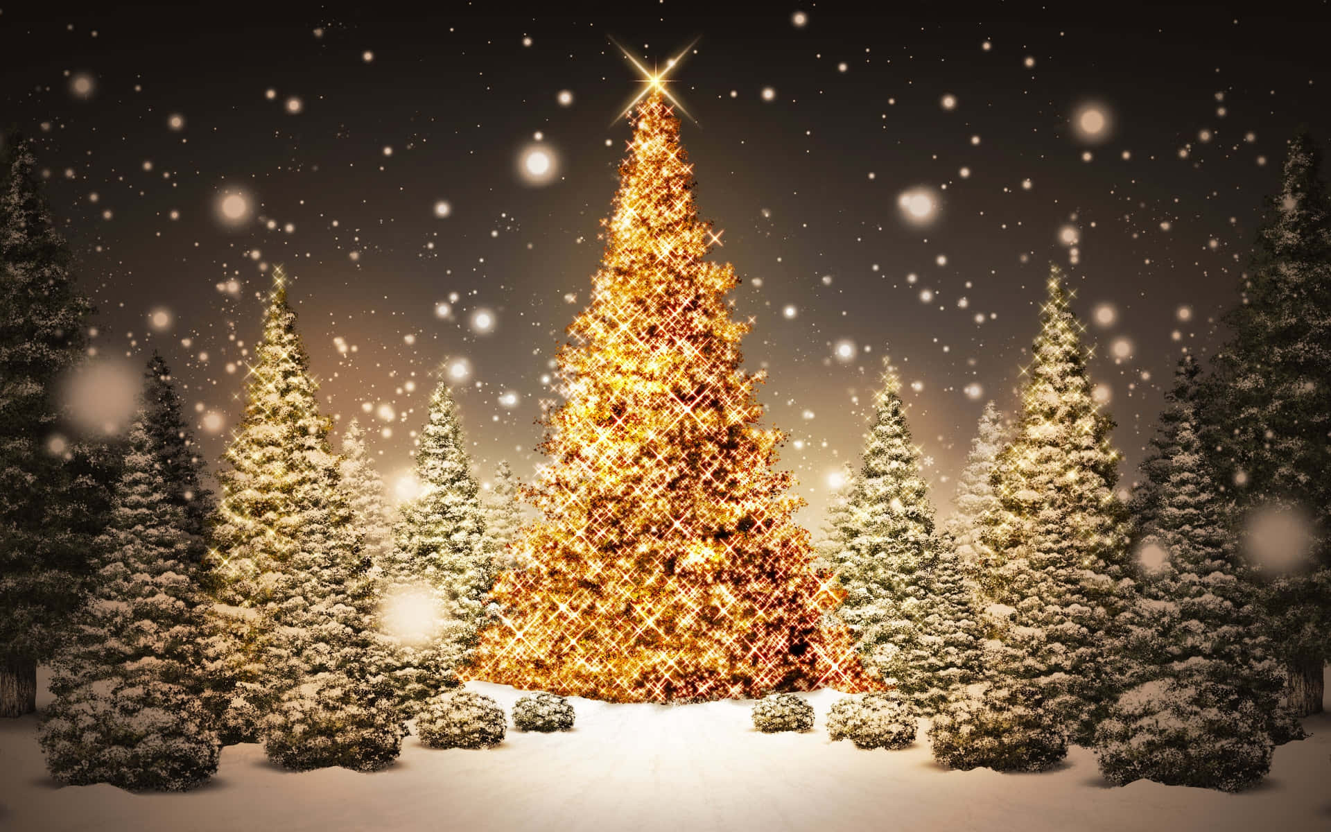 Mesmerizing 3D Christmas Scene with Snowy Trees and Glowing Ornaments Wallpaper
