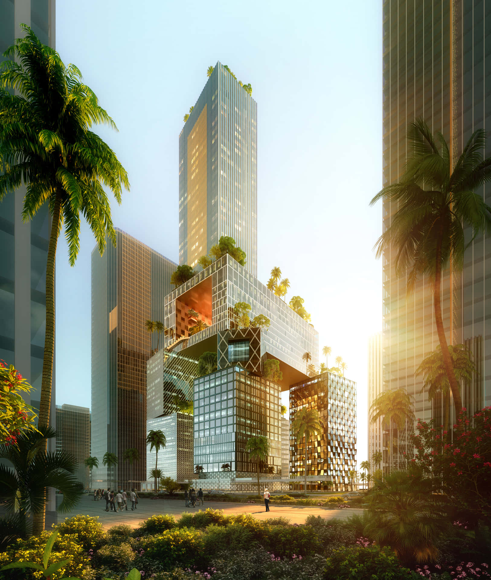 Futuristic 3D City Skyline at Sunset Wallpaper