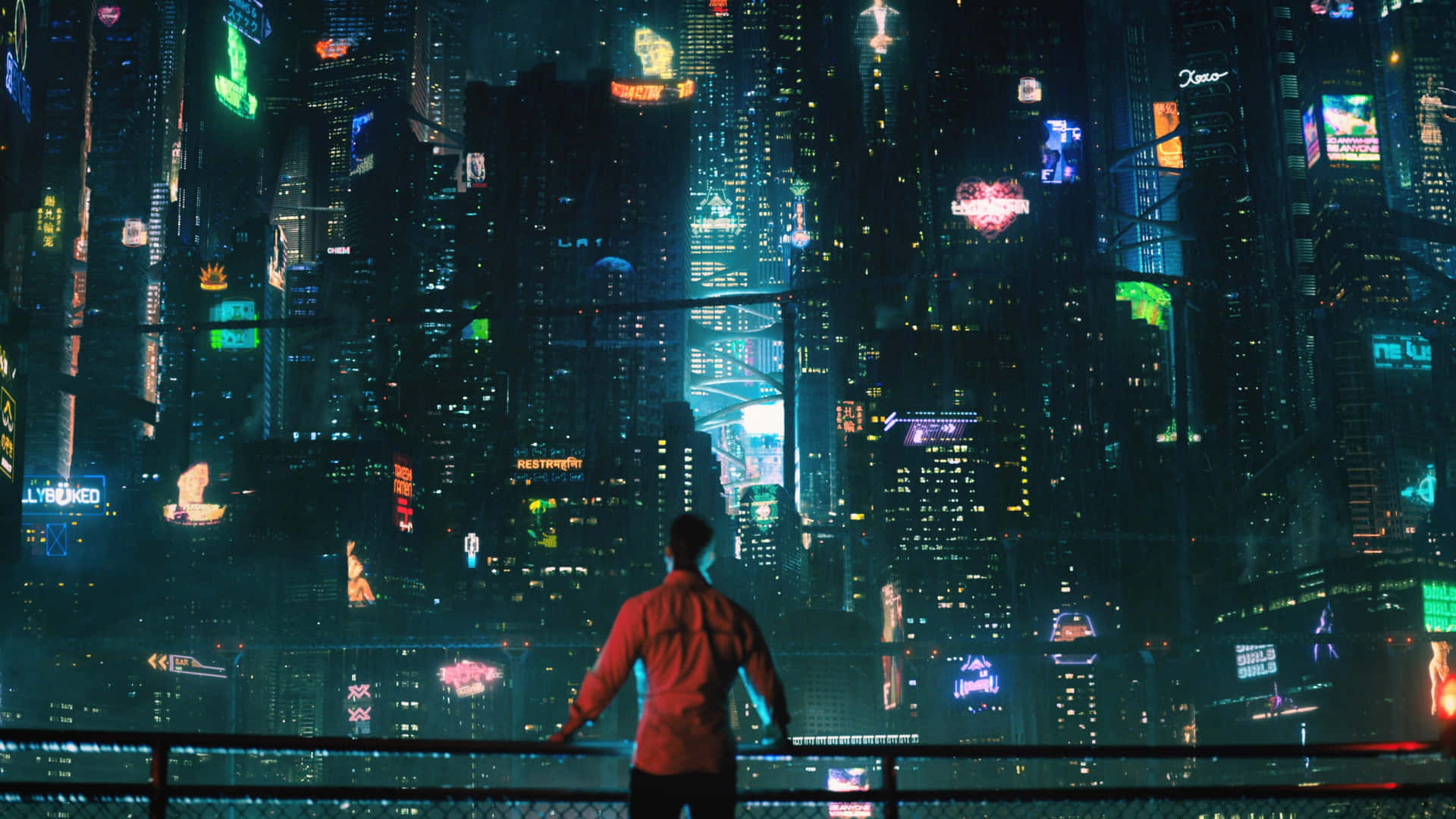 Futuristic 3D cityscape at night with illuminated skyscrapers Wallpaper