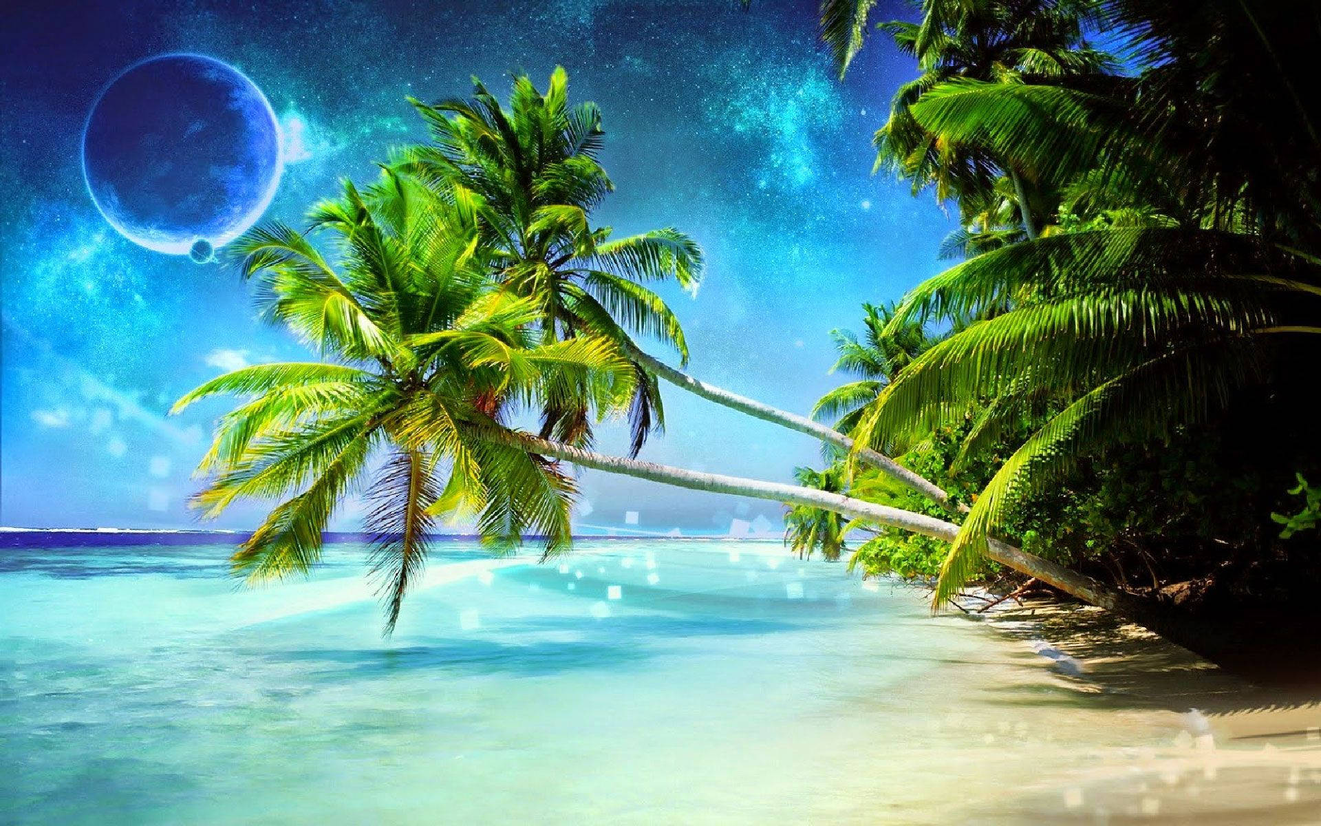 3D green coconut trees on the beach wallpaper.
