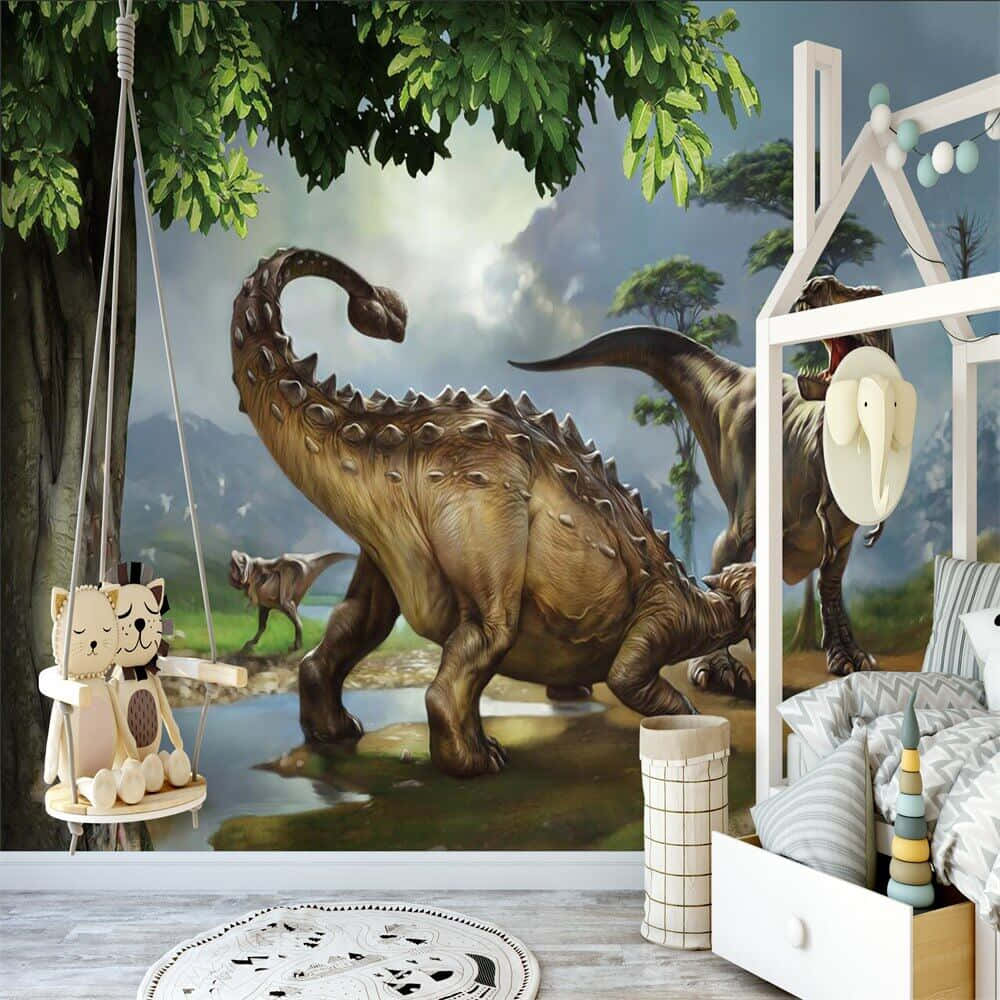 Roaring 3D Dinosaur in a Prehistoric Landscape Wallpaper