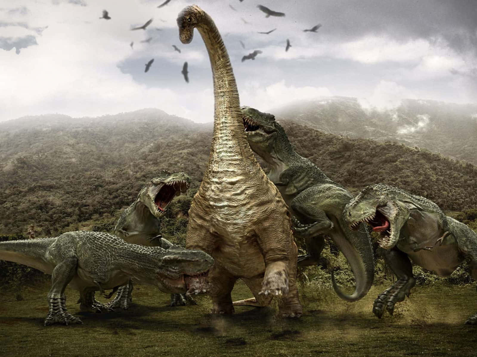 Majestic 3D Dinosaur Roaming the Vibrant Landscape Wallpaper