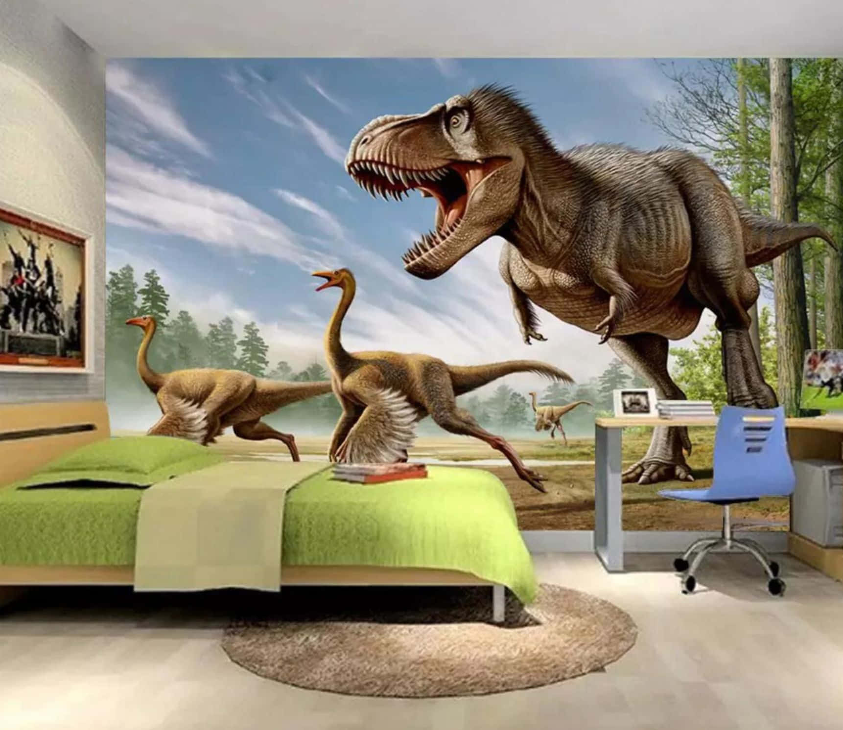 Mesmerizing 3D Dinosaur Roaring in a Lush Landscape Wallpaper