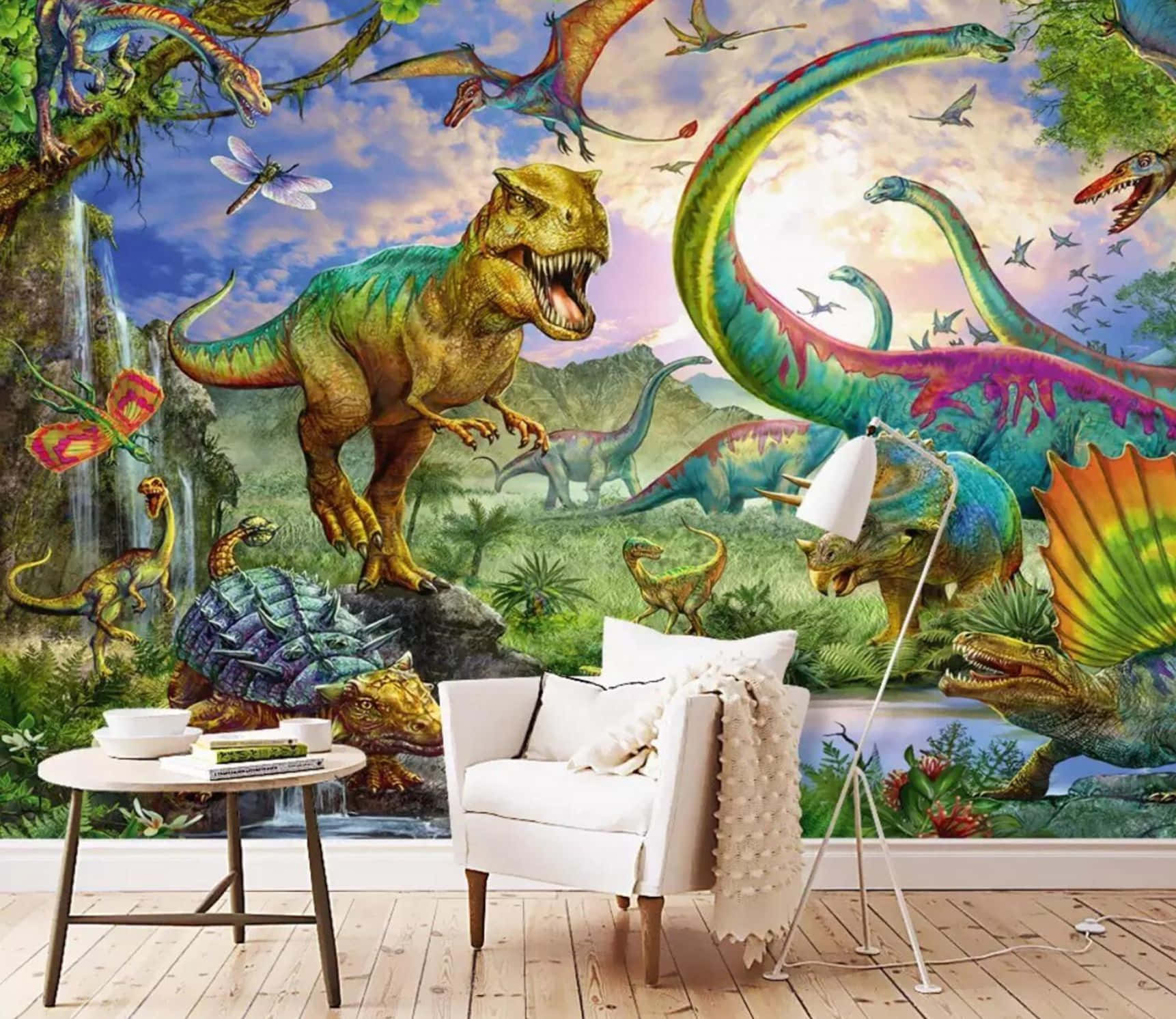 Realistic 3D Dinosaur Roaring in a Lush Environment Wallpaper