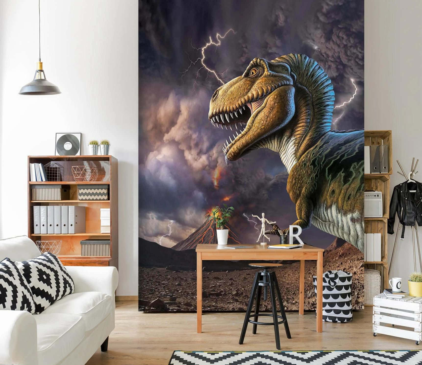 Majestic 3D Dinosaur Roaming Through the Lush Prehistoric Landscape Wallpaper
