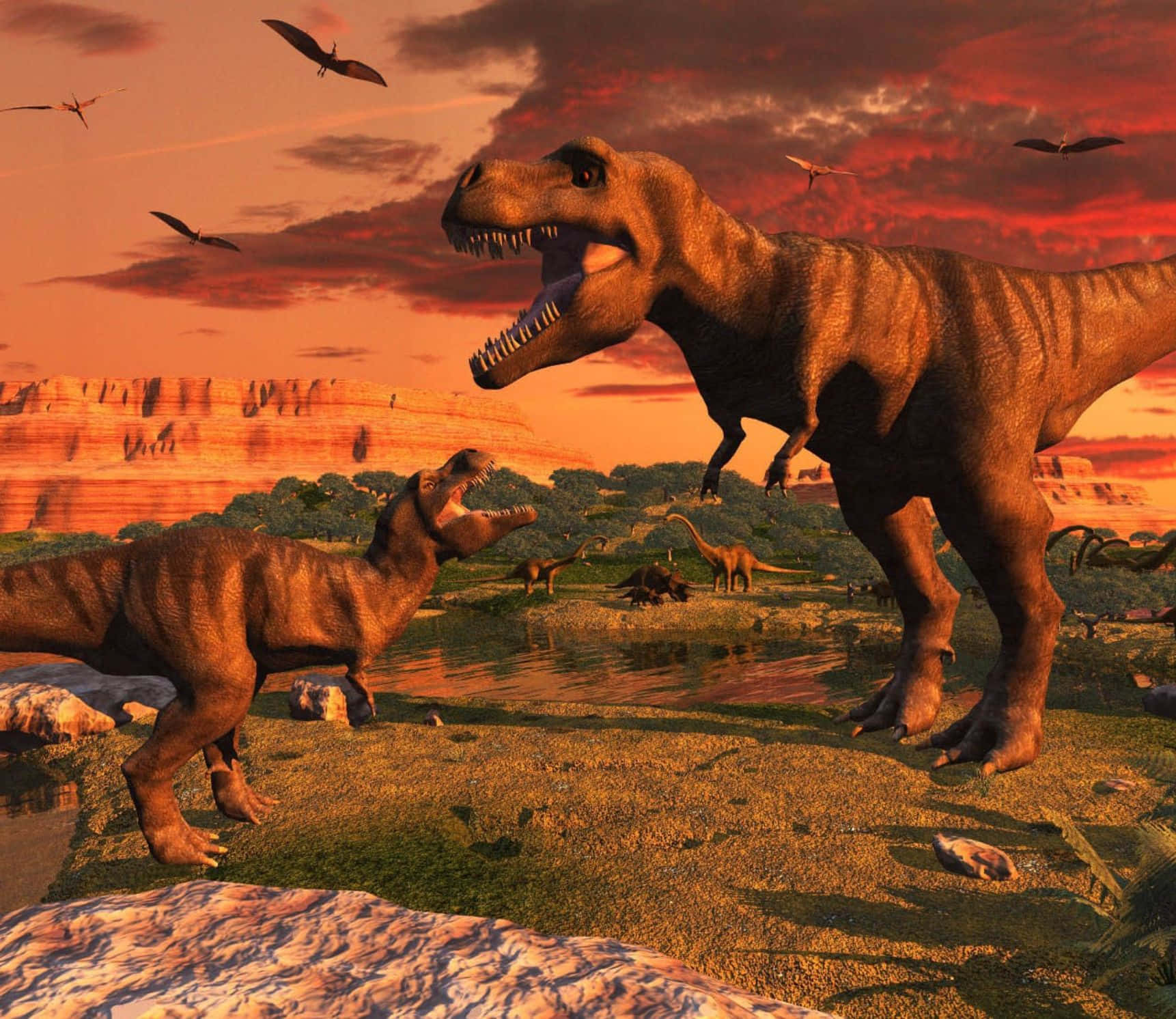 Majestuosodinosaurio En 3d Rugiendo En Una Jungla Prehistórica. Fondo de pantalla