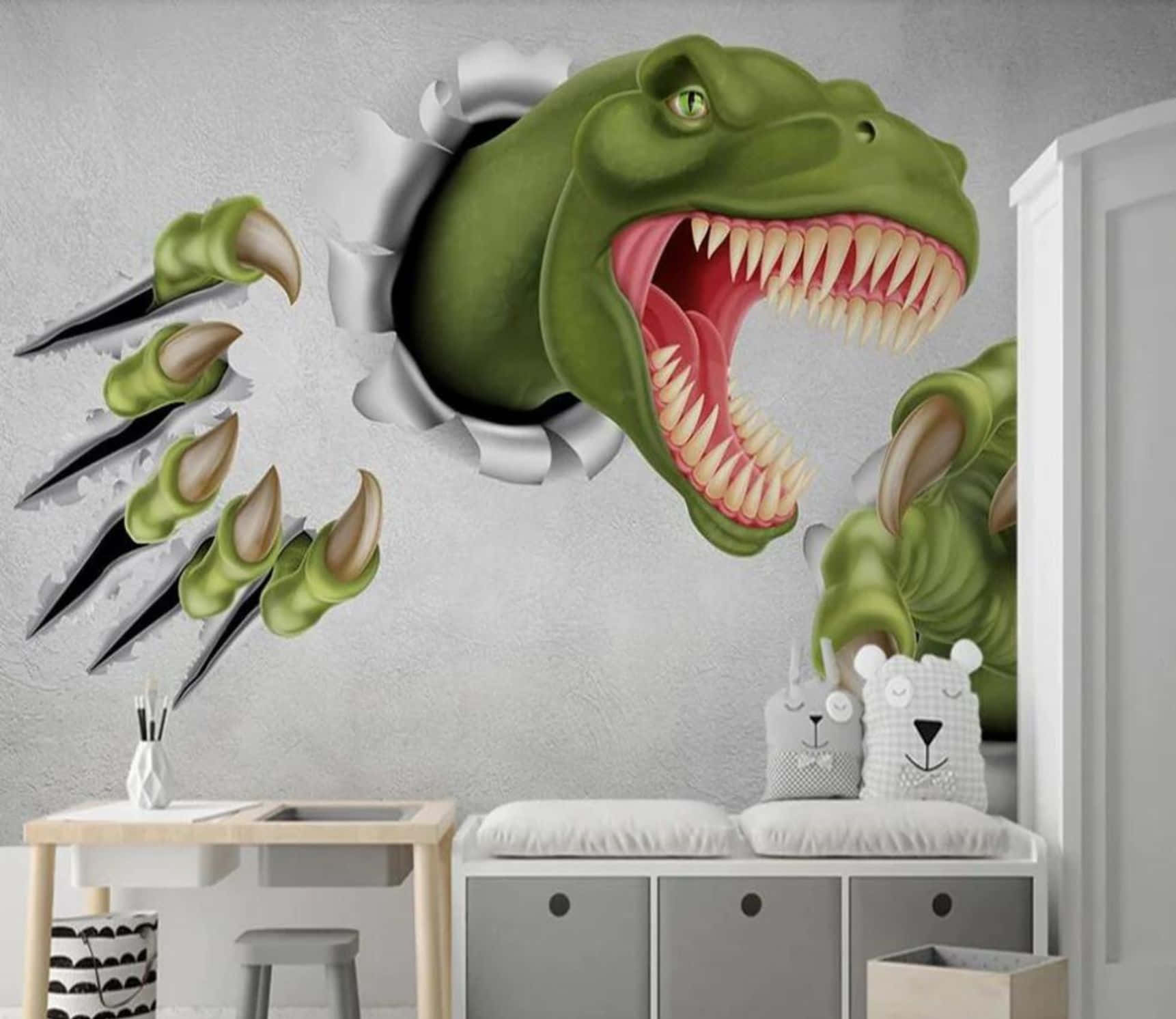 A fierce T-Rex roaring in a dynamic 3D environment Wallpaper