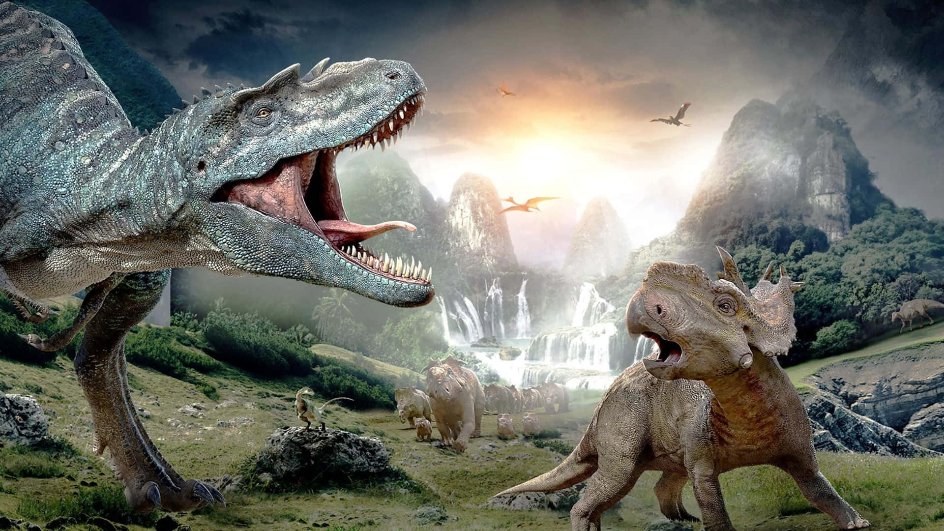 Majestic 3D Dinosaur Roaming the Prehistoric Landscape Wallpaper