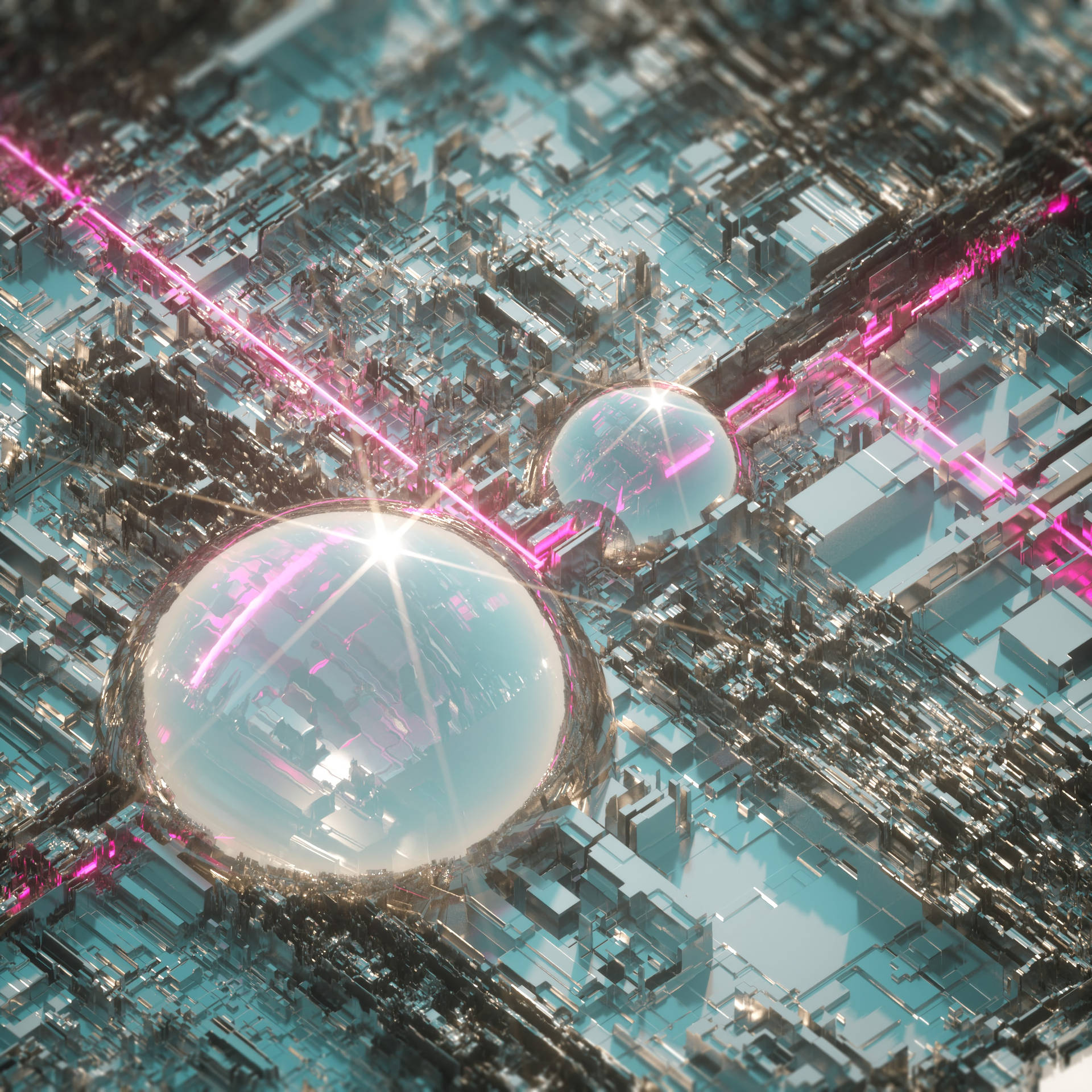 3D elevated view of city with two giant transparent domes wallpaper