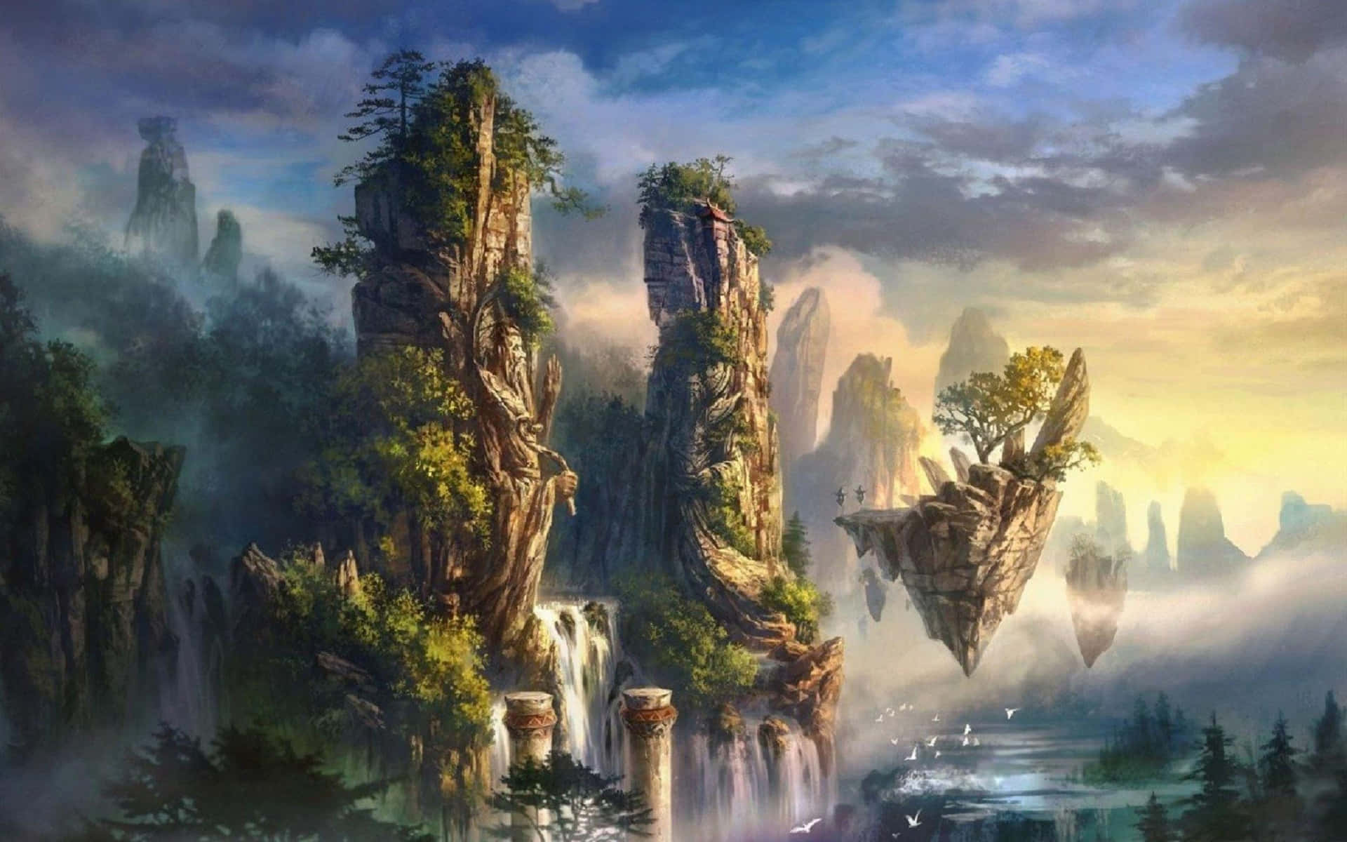 Enchanting 3D Fantasy World with Majestic Castle and Magical Creatures Wallpaper