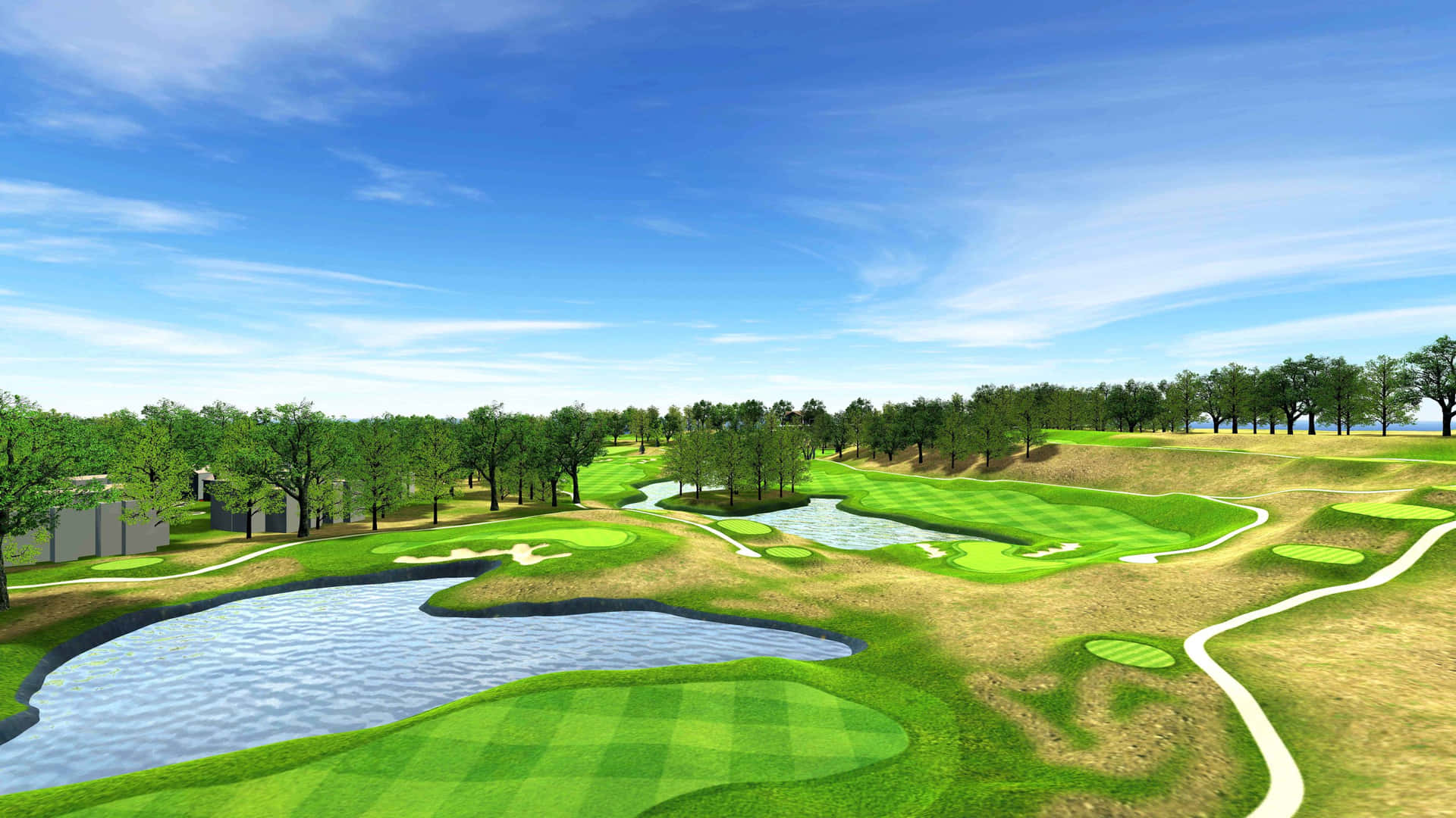 Bakgrundsbildtill Dataskärmen Med 3d-golfbanor Som Avbildar En Blå Himmel Och En Sjö. Wallpaper