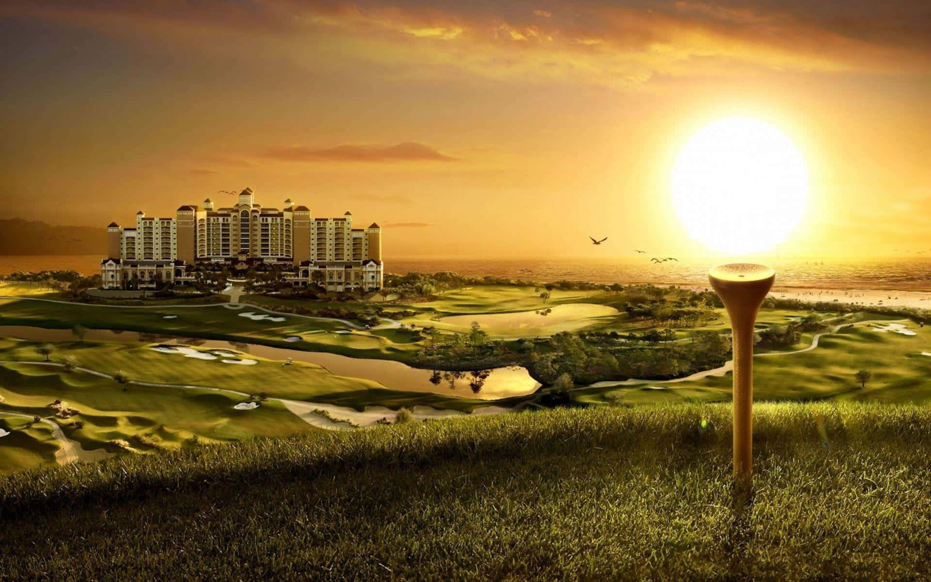 Vackersolnedgång 3d Golfskrivbordsbakgrund. Wallpaper
