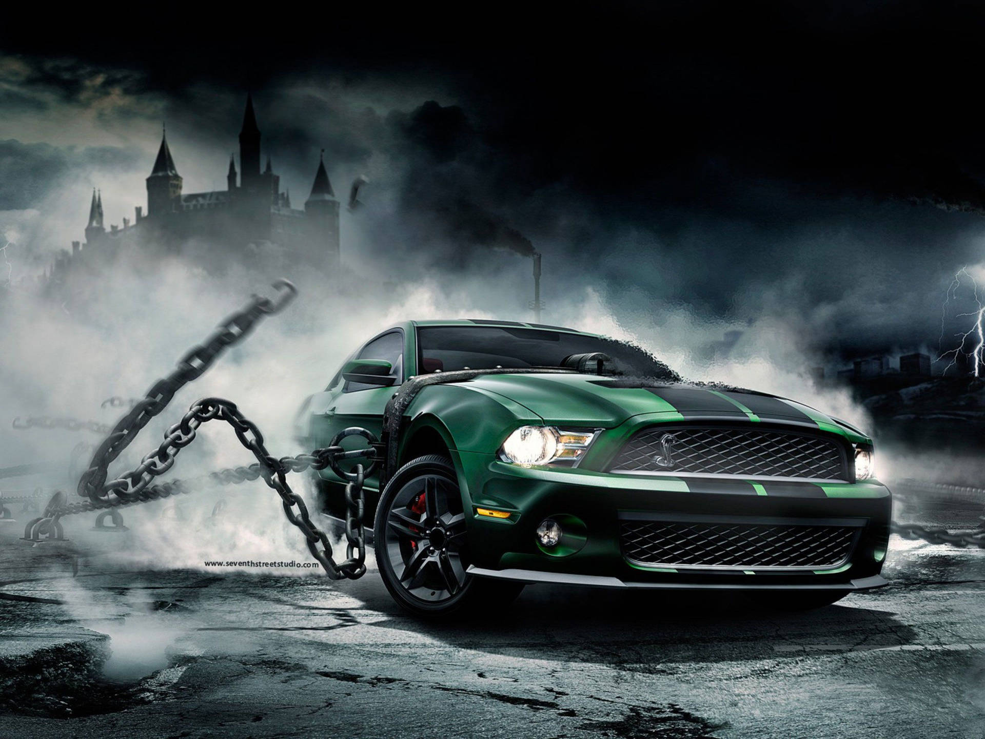 3d Green Car With Chains Wallpaper