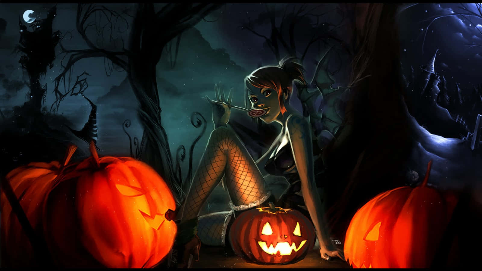 Spooky Pumpkin Cemetery Scene Wallpaper
