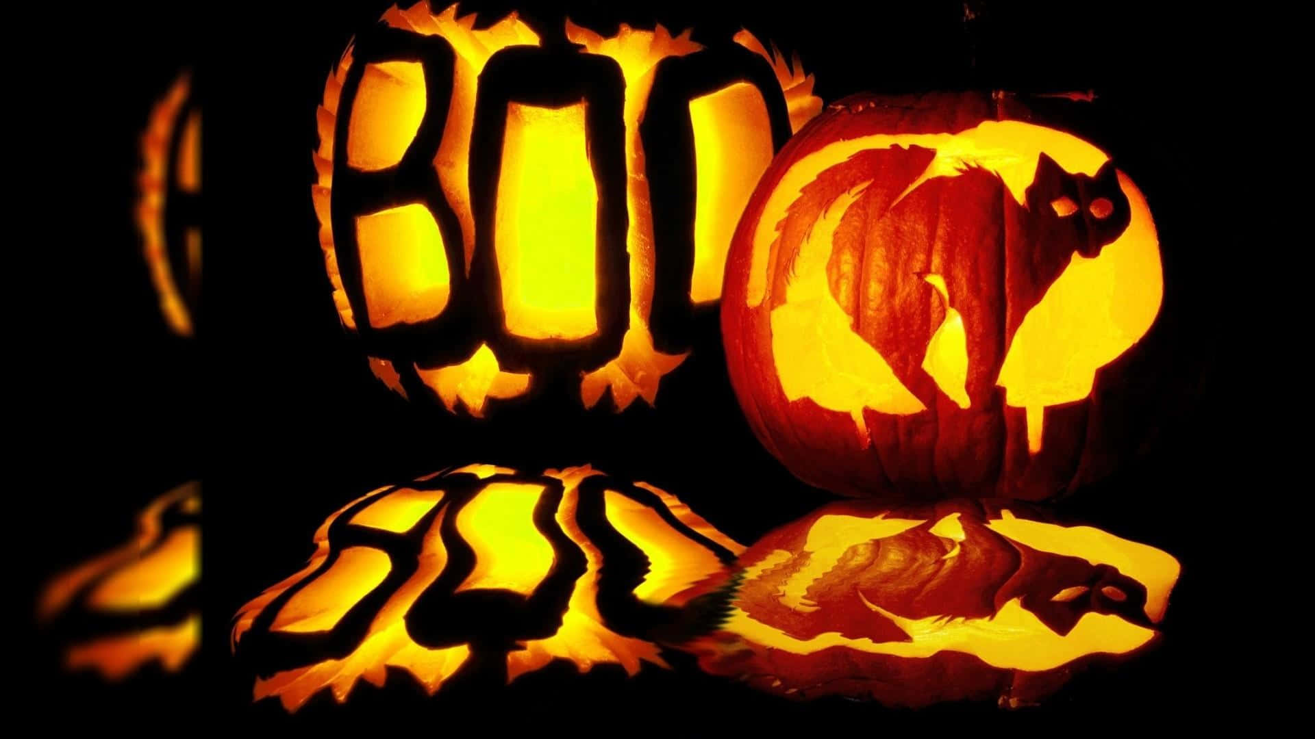 Escenaespeluznante En 3d De Halloween Con Calabazas Brillantes Y Una Casa Embrujada. Fondo de pantalla