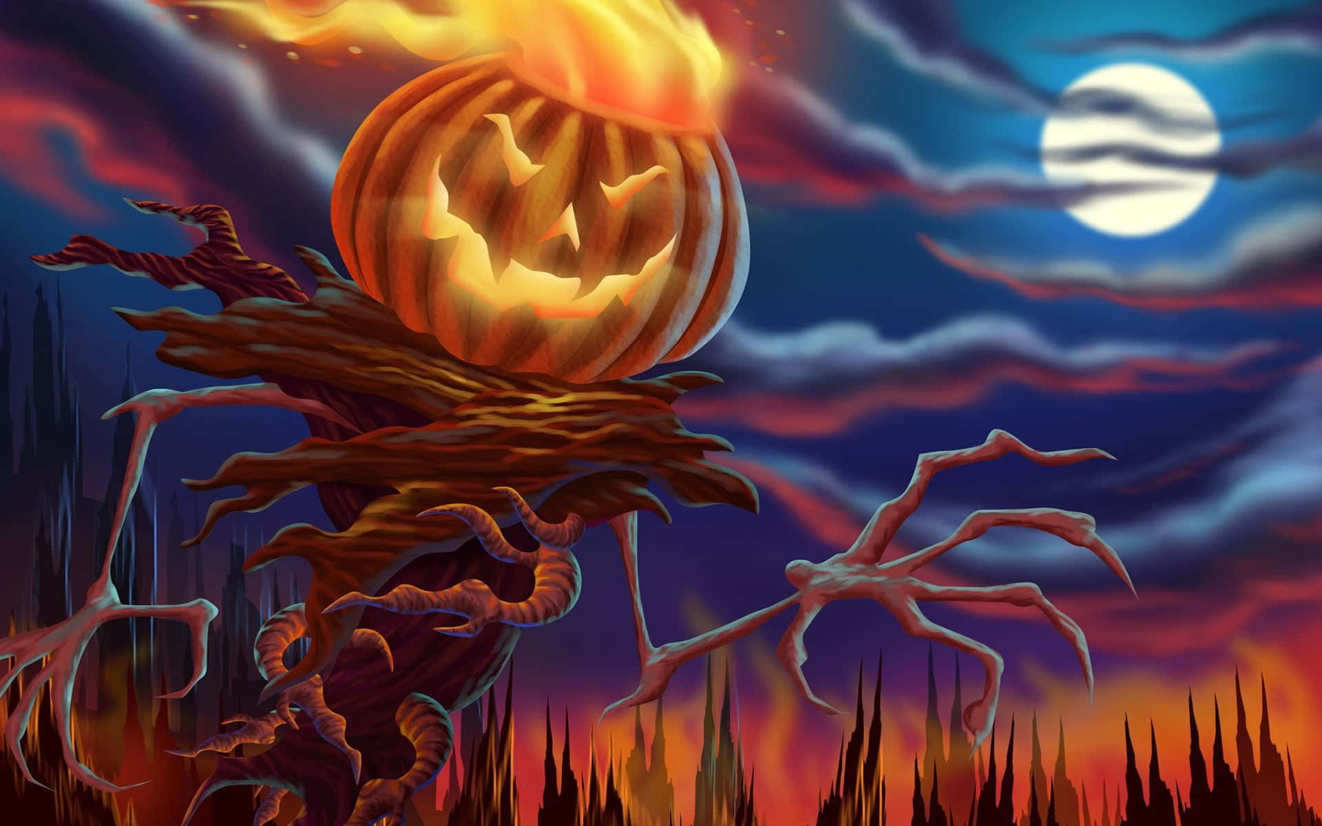 Spooky 3D Halloween Pumpkins Scene Wallpaper