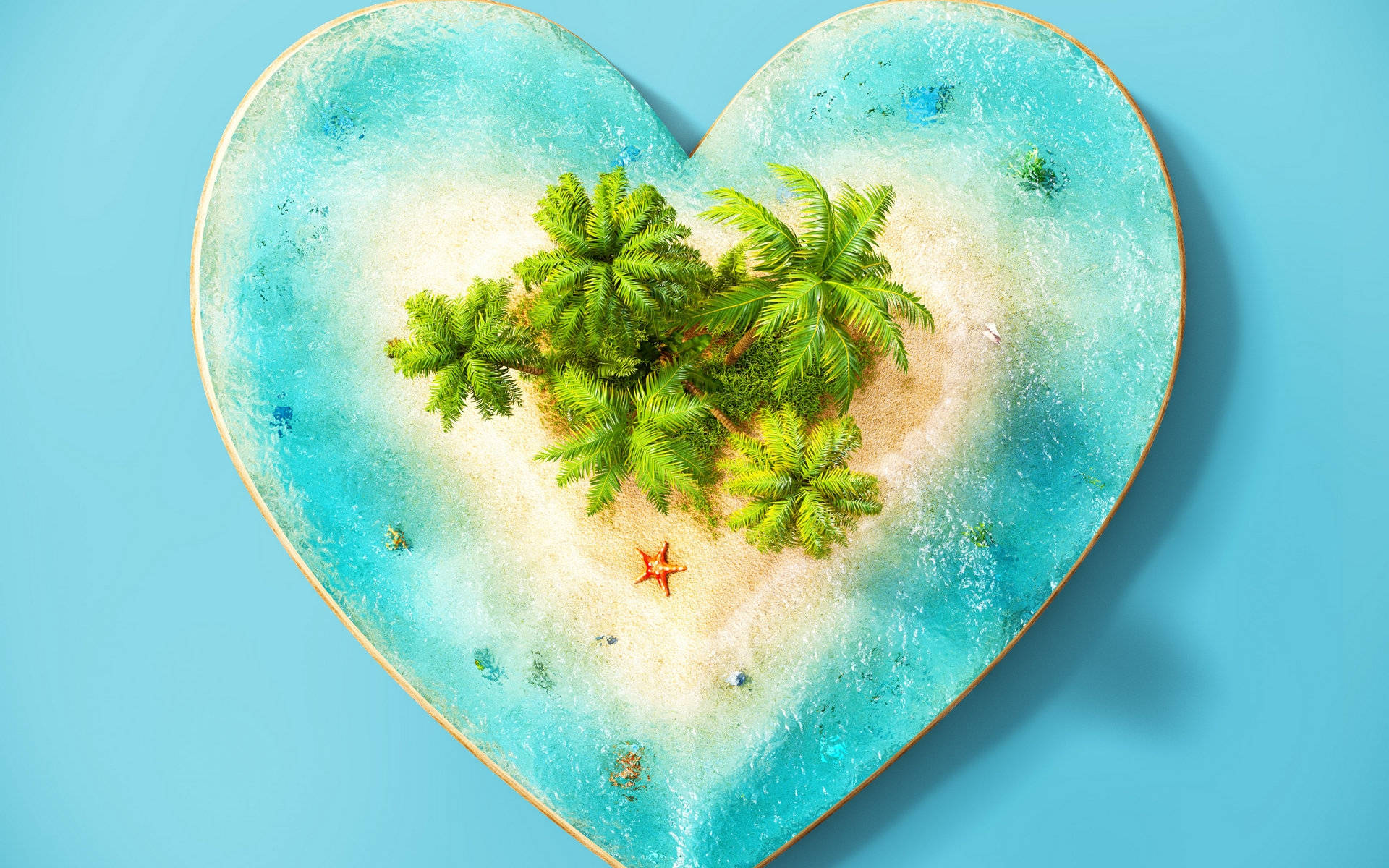 3d Heart-shaped Island With Coconut Trees Wallpaper