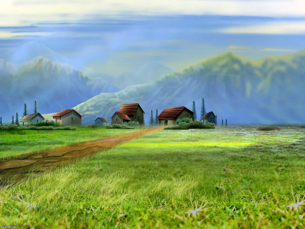 Stunning 3D Landscape with Rolling Hills, Lush Green Trees, and Vibrant Blue Sky Wallpaper
