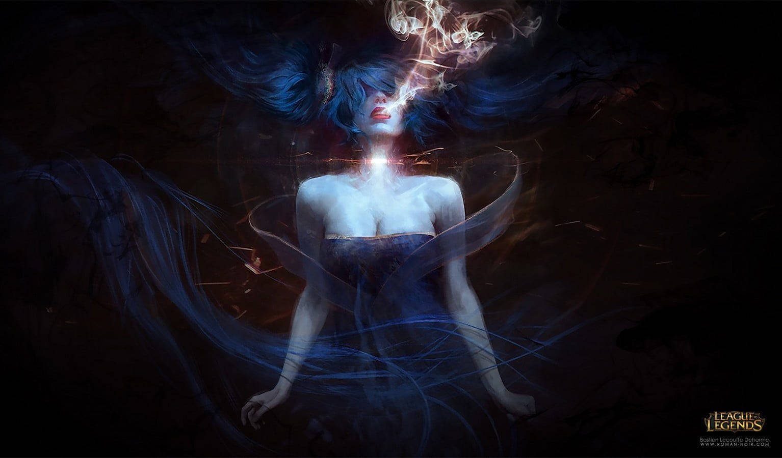 En kvinde med blå hår og en blå lampe flyver i luften Wallpaper