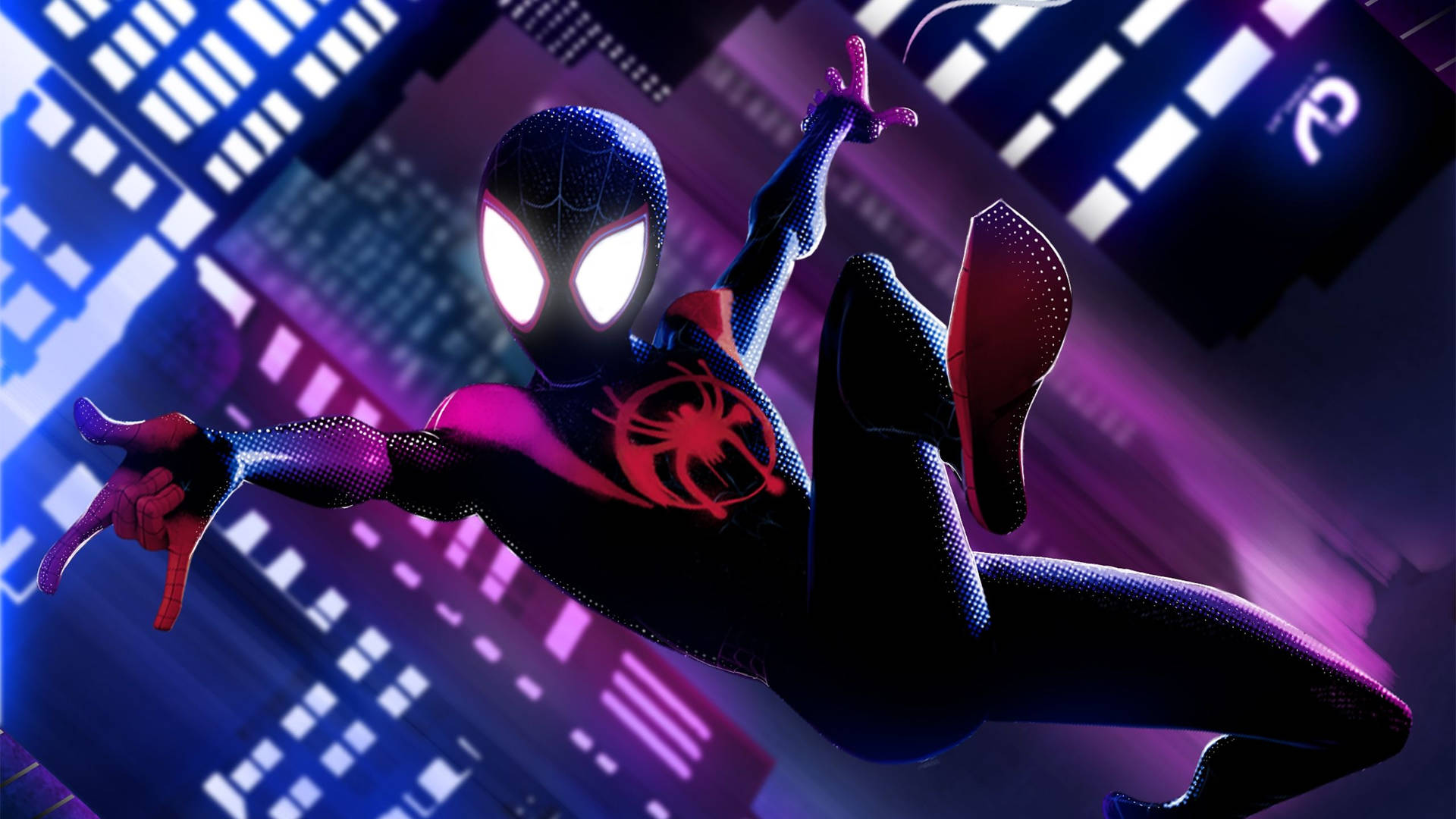 Miles Morales swings above the neon-illuminated city. Wallpaper