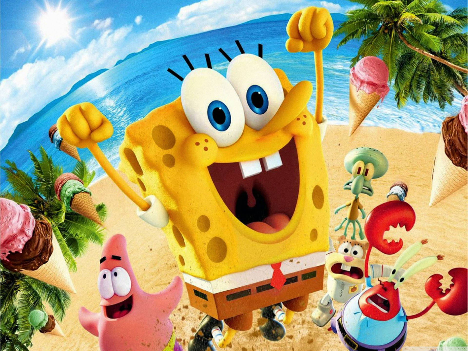 Enjoy 3D adventure with Spongebob and his friends Wallpaper