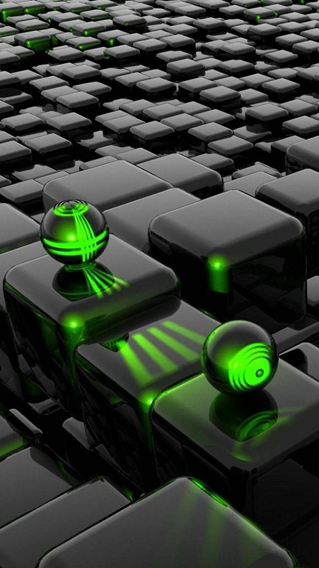 3d Neon Green Balls On Black Cubes