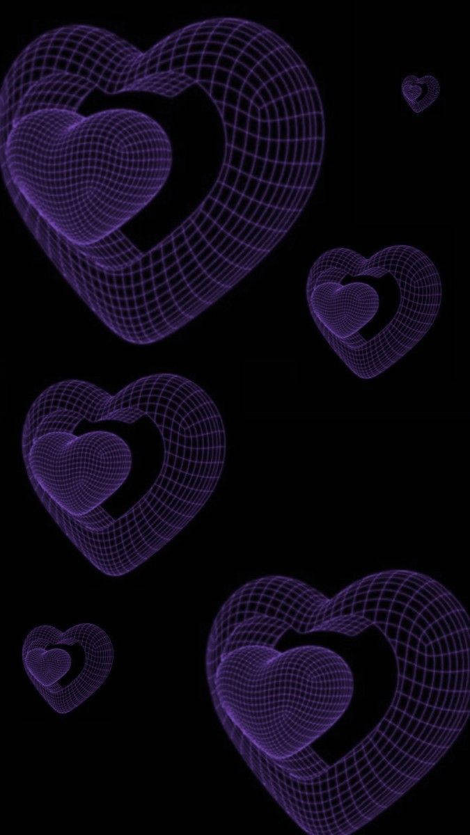 3d Phone Purple Hearts Dark Theme Wallpaper