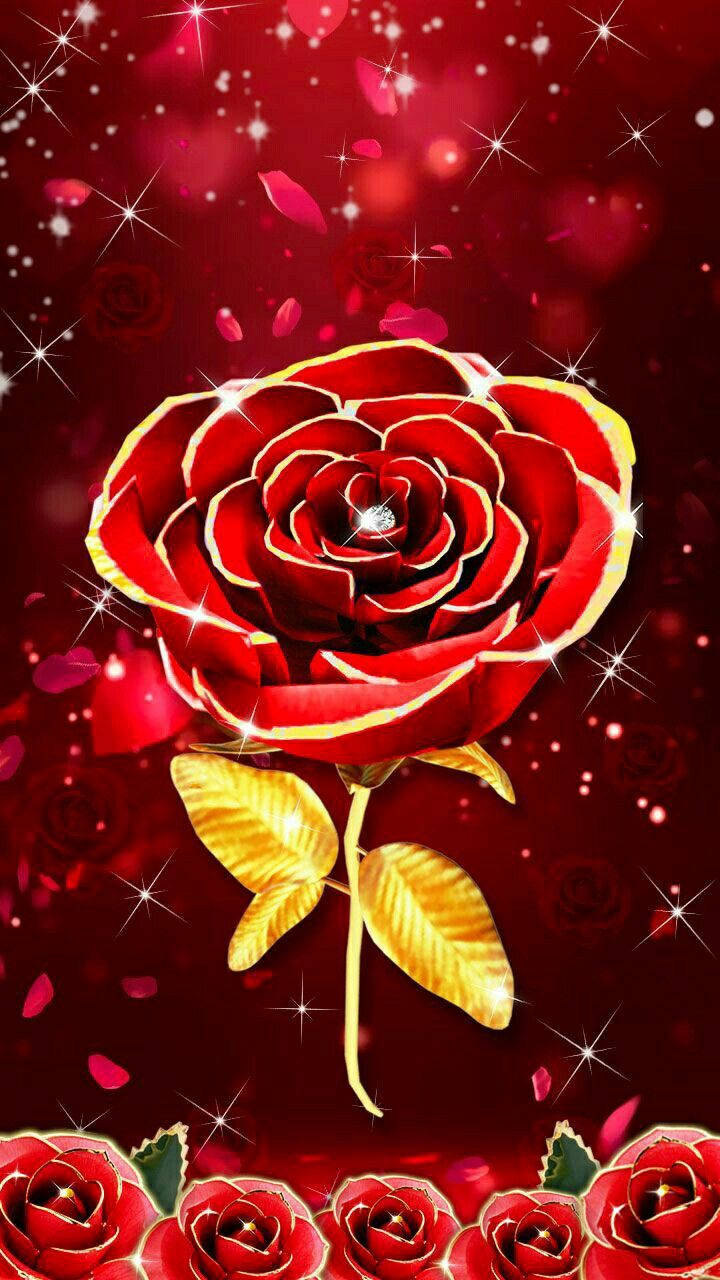 3d Phone Red Rose With Gold Accents Wallpaper