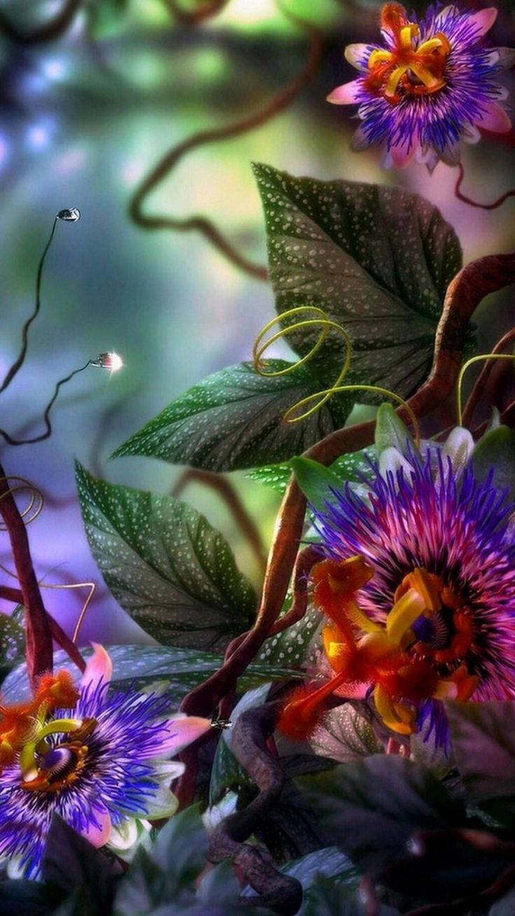 3d Phone Surreal Flowers And Leaves Wallpaper