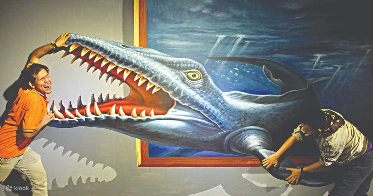A Man And Woman Standing Next To A Painting Of A Shark
