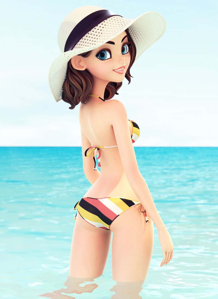 A Cartoon Girl In A Bikini And Hat Standing In The Ocean