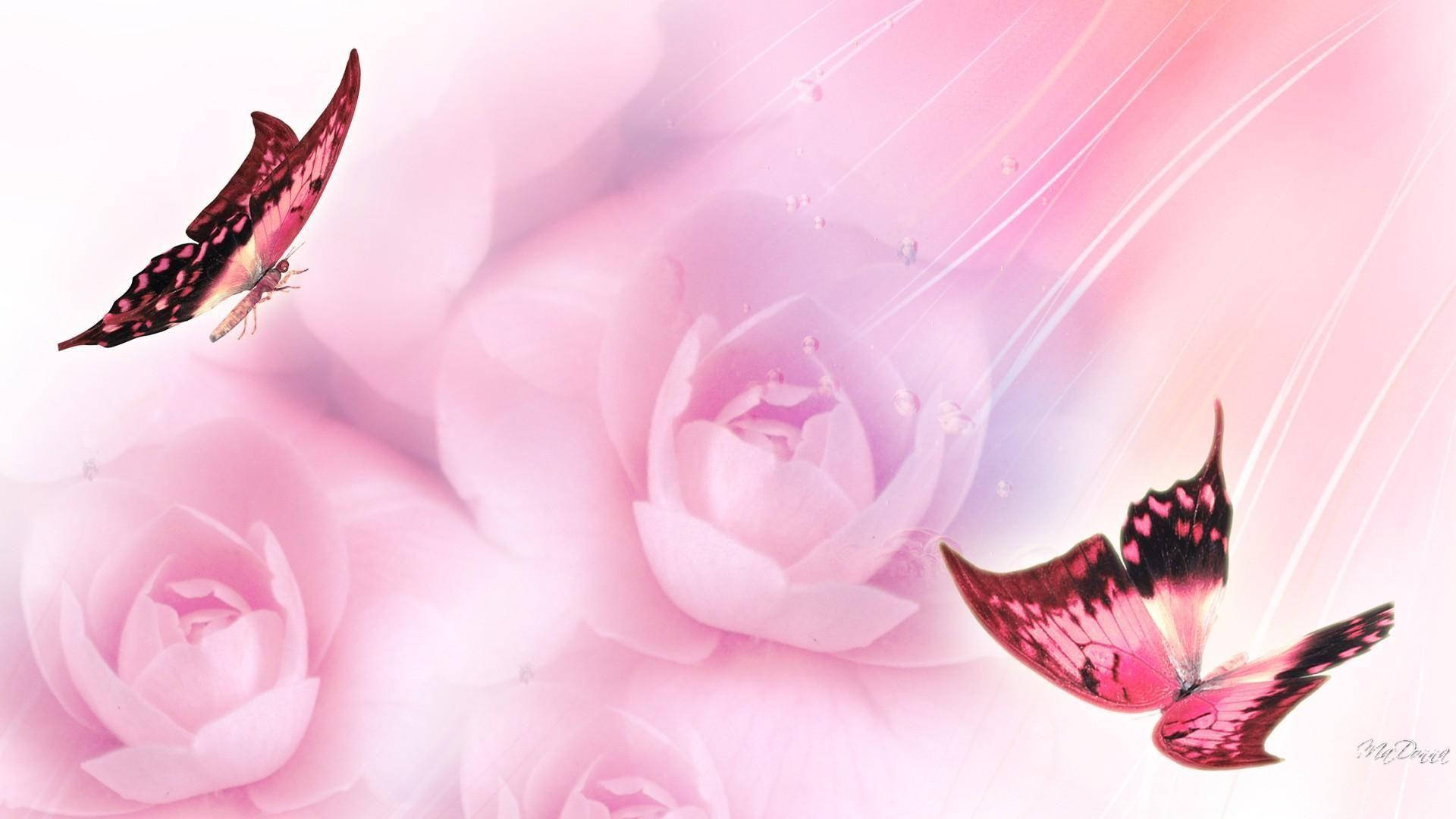 3D Smukke Pink Roser og Sommerfugle Tapet Wallpaper