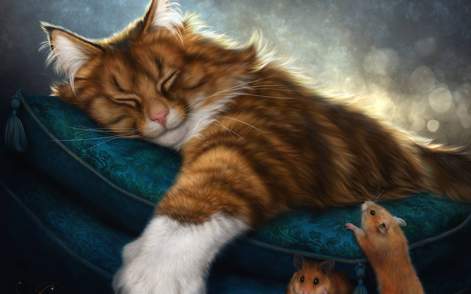 3d Sleeping Cat And Mice Wallpaper