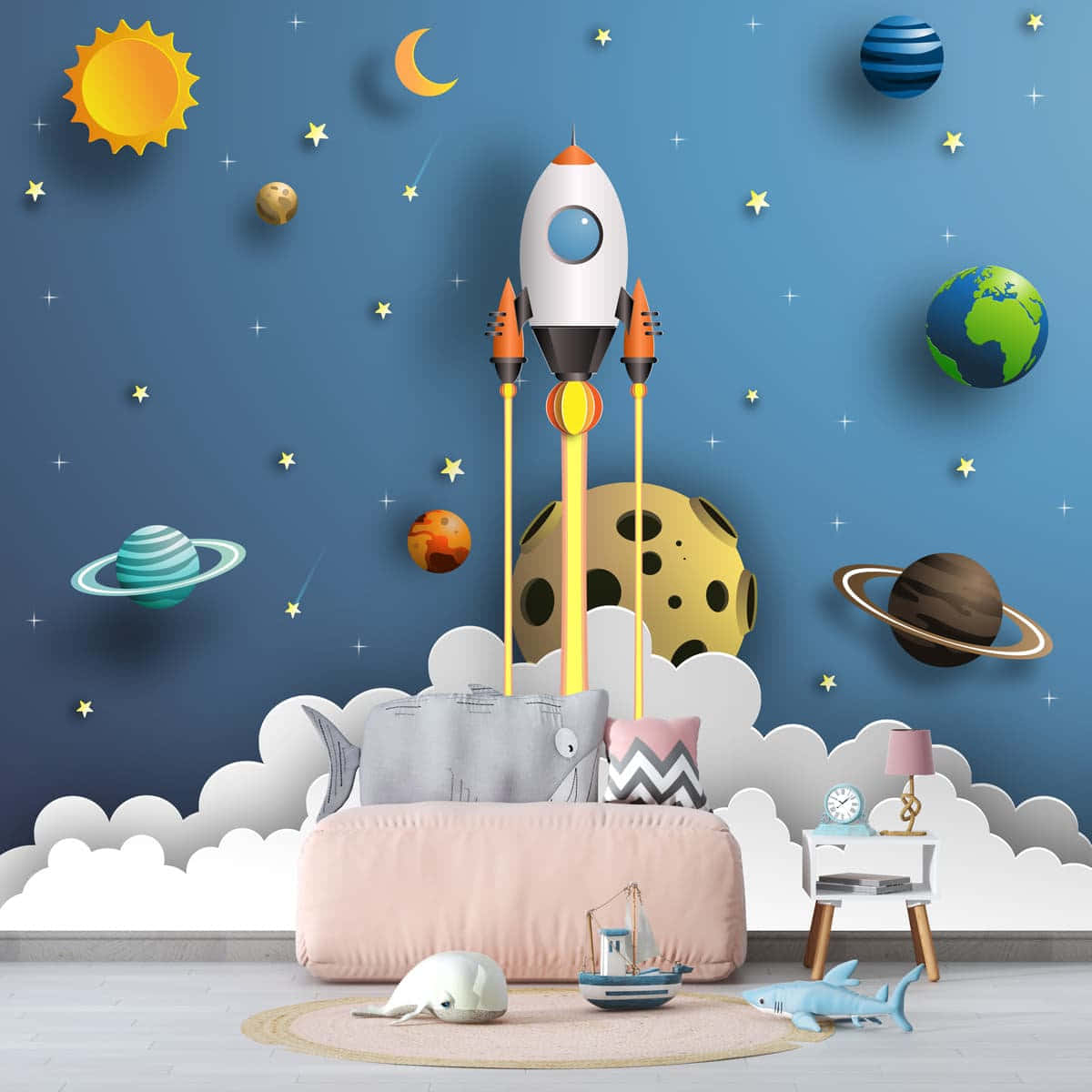 Et børneværelse med en raket og planeter Wallpaper